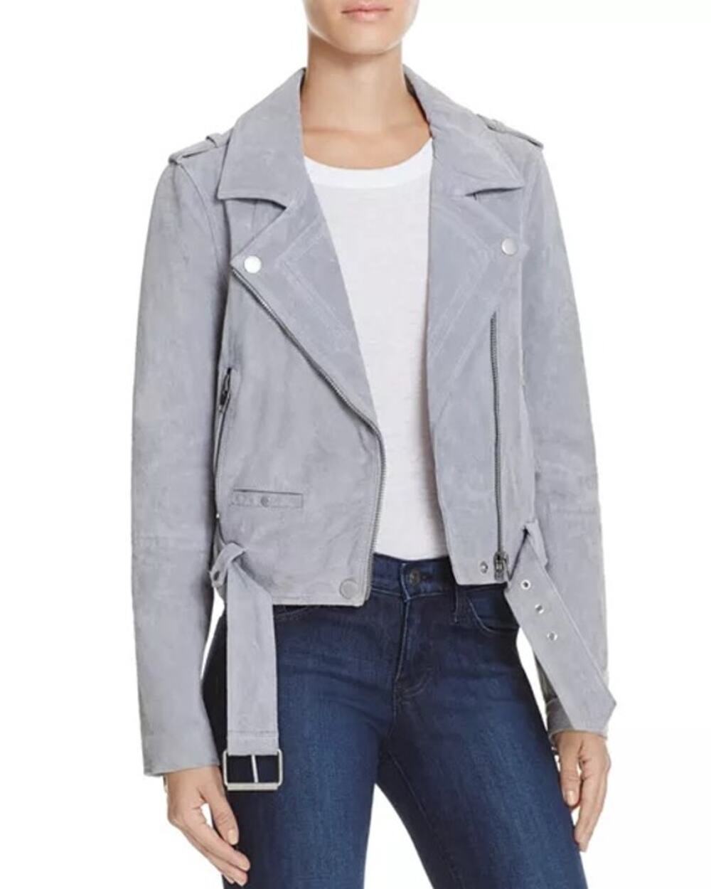 Blank NYC Gray Suede Leather Belted Zip Biker Motorcycle Jacket Size Small
